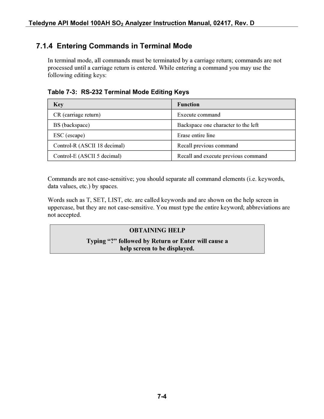 Teledyne 100AH instruction manual Entering Commands in Terminal Mode, RS-232 Terminal Mode Editing Keys 