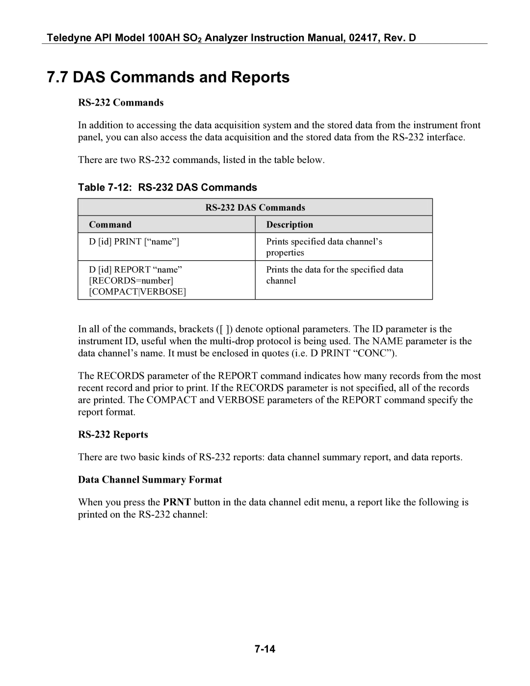 Teledyne 100AH instruction manual DAS Commands and Reports, 12 RS-232 DAS Commands, Compactverbose 