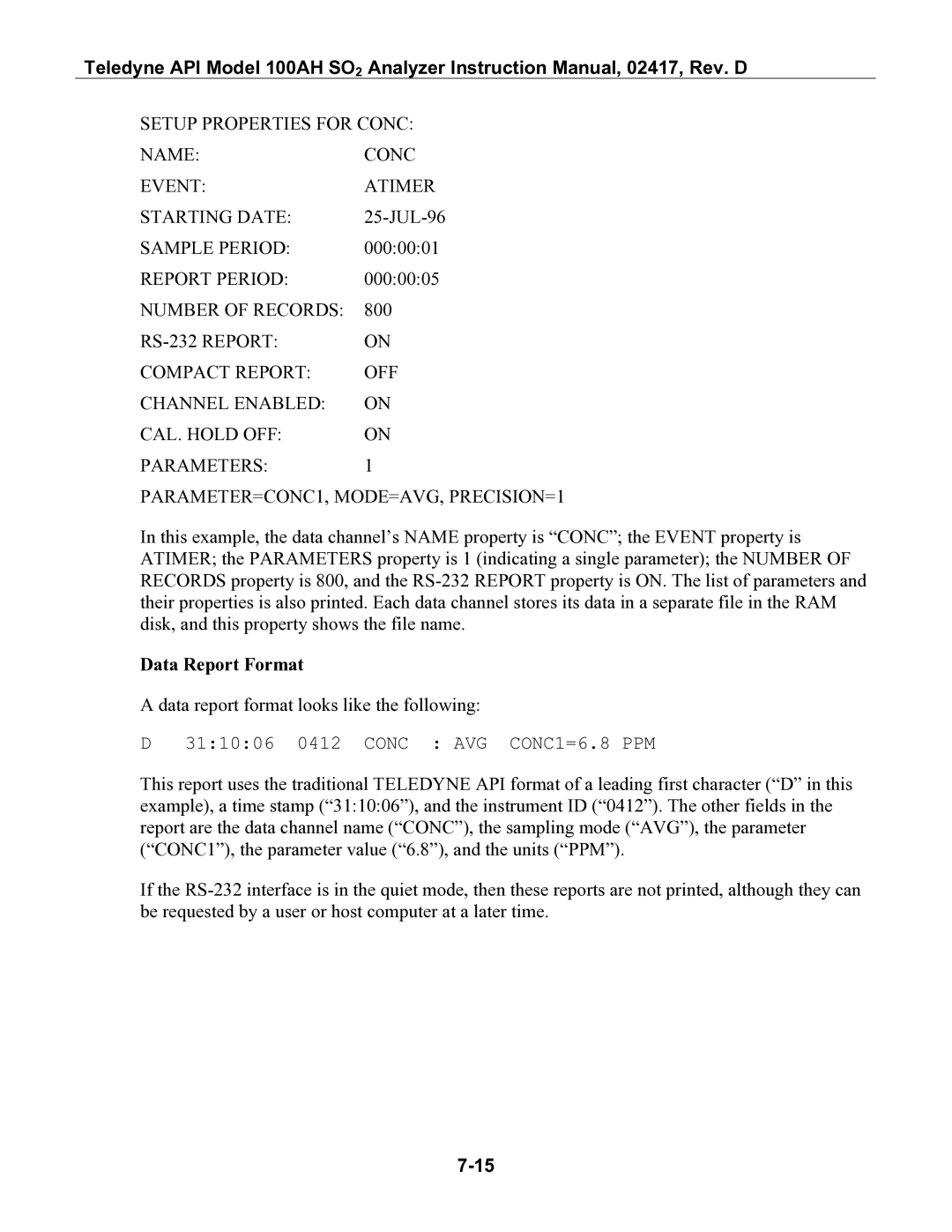 Teledyne 100AH instruction manual Data Report Format 