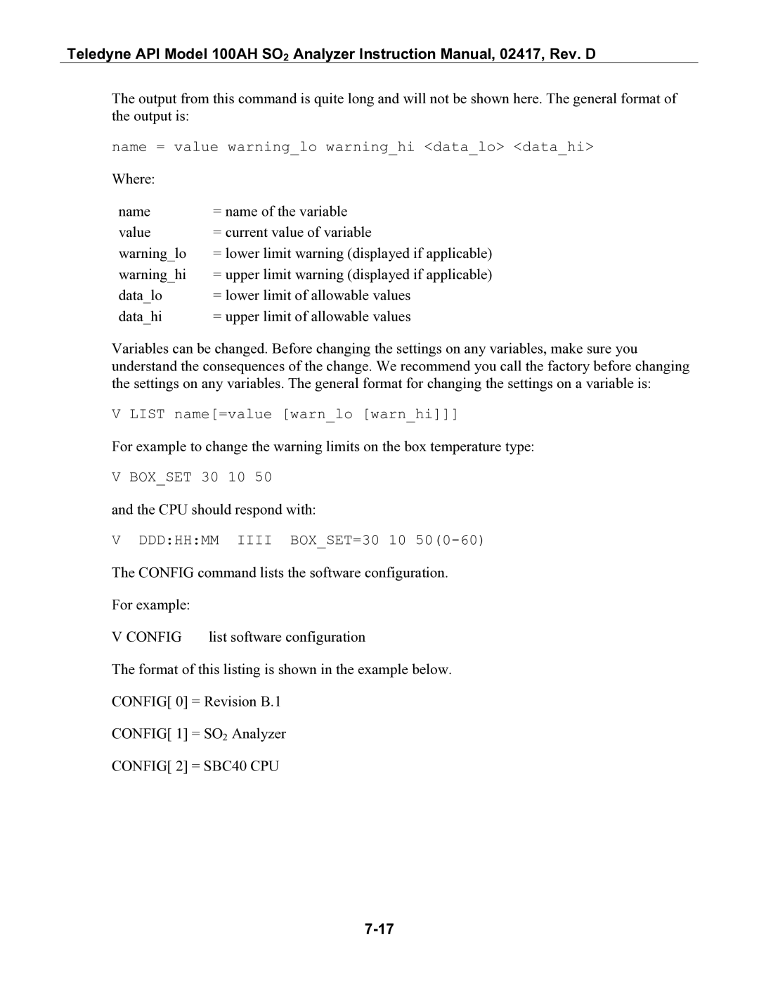 Teledyne 100AH instruction manual Config 2 = SBC40 CPU 