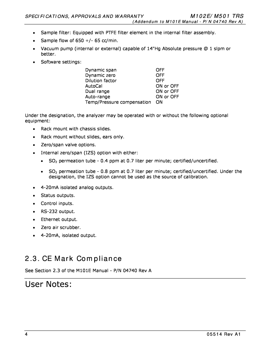 Teledyne manual CE Mark Compliance, User Notes, M102E/M501 TRS, Specifications, Approvals And Warranty, Rev A1 