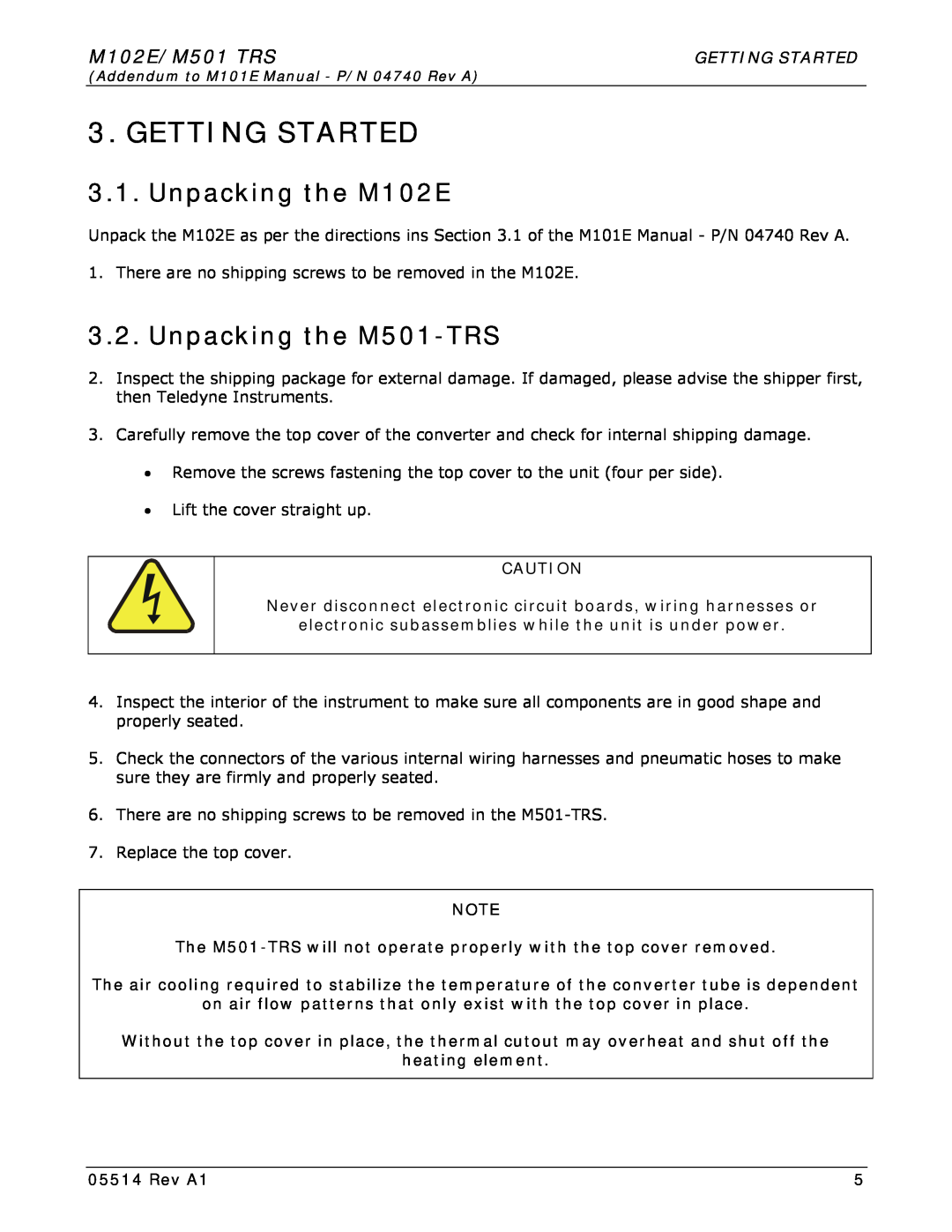 Teledyne manual Getting Started, Unpacking the M102E, Unpacking the M501-TRS, M102E/M501 TRS, heating element, Rev A1 