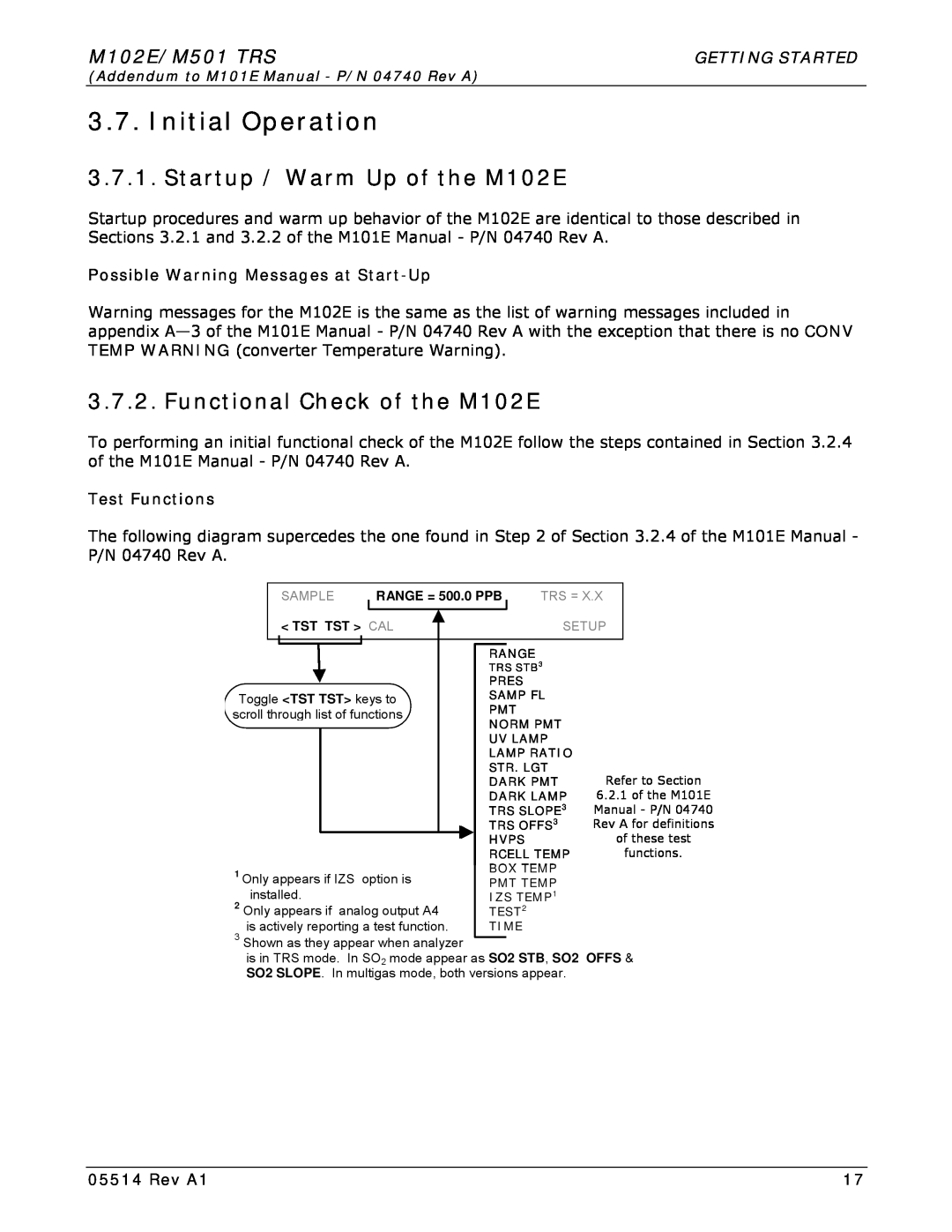 Teledyne manual Initial Operation, Startup / Warm Up of the M102E, Functional Check of the M102E, M102E/M501 TRS, Rev A1 