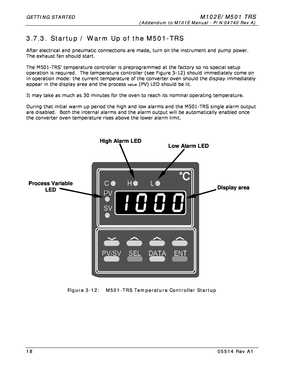 Teledyne Startup / Warm Up of the M501-TRS, High Alarm LED Low Alarm LED, M102E/M501 TRS, Process Variable, Rev A1 