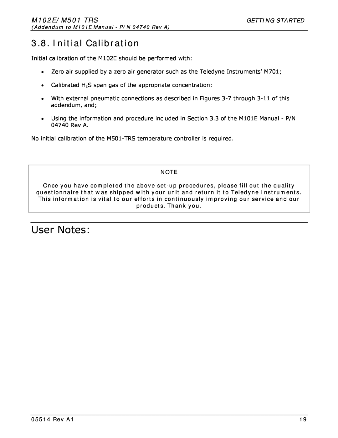 Teledyne manual Initial Calibration, User Notes, M102E/M501 TRS, Getting Started, Rev A1 