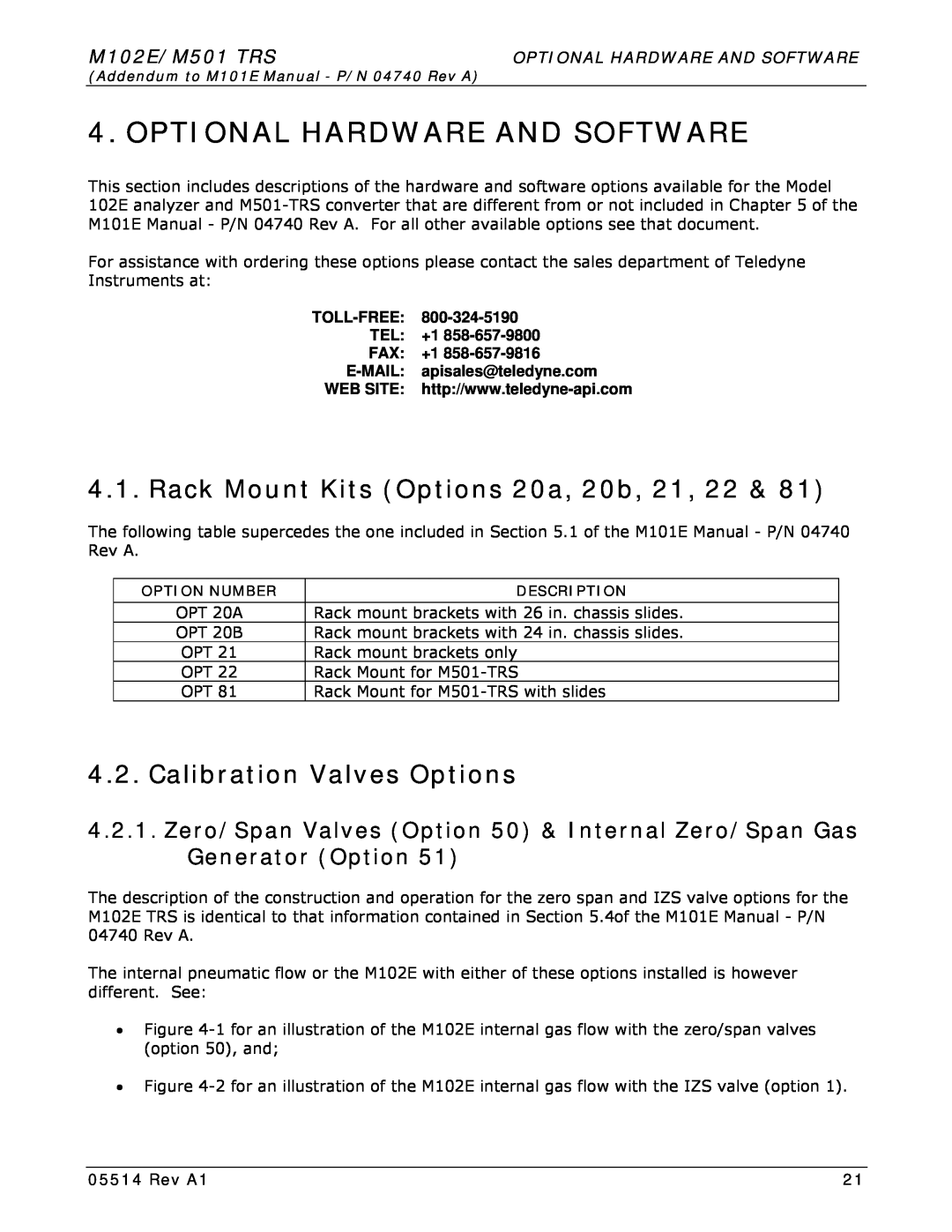 Teledyne 102E Optional Hardware And Software, Rack Mount Kits Options 20a, 20b, 21, 22, Calibration Valves Options, Rev A1 