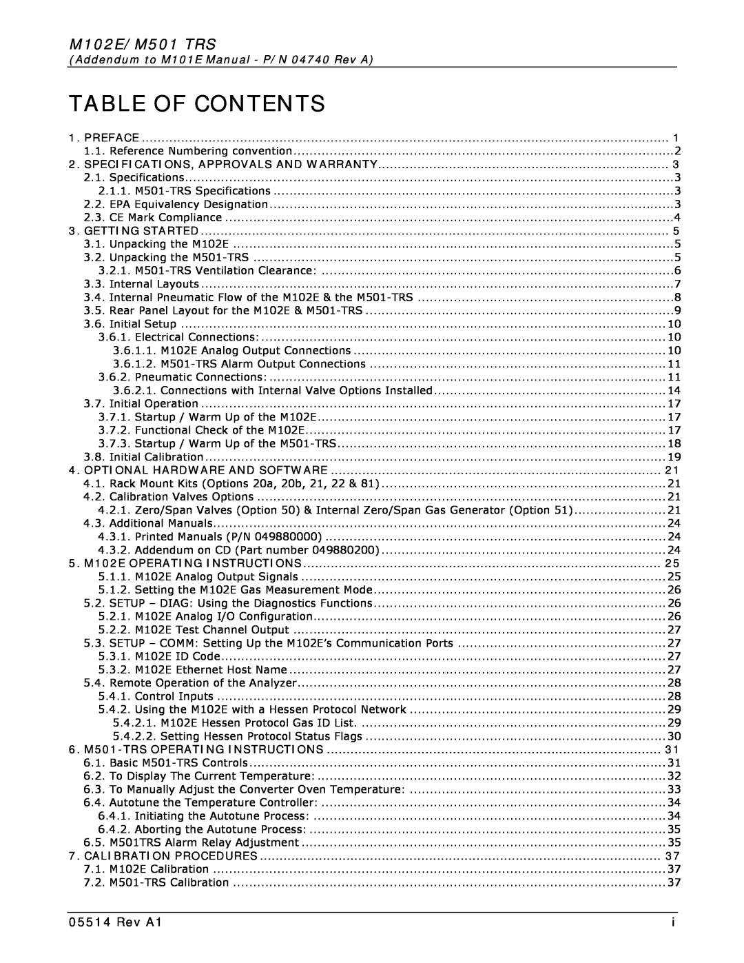 Teledyne manual Table Of Contents, M102E/M501 TRS, Rev A1, Addendum to M101E Manual - P/N 04740 Rev A 