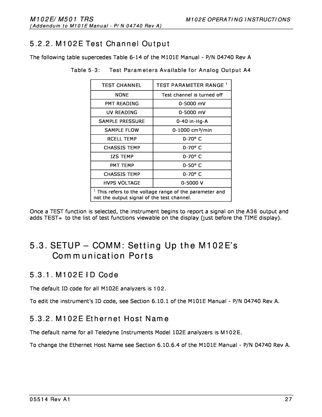 Teledyne SETUP - COMM Setting Up the M102E’s Communication Ports, 5.2.2. M102E Test Channel Output, M102E/M501 TRS 