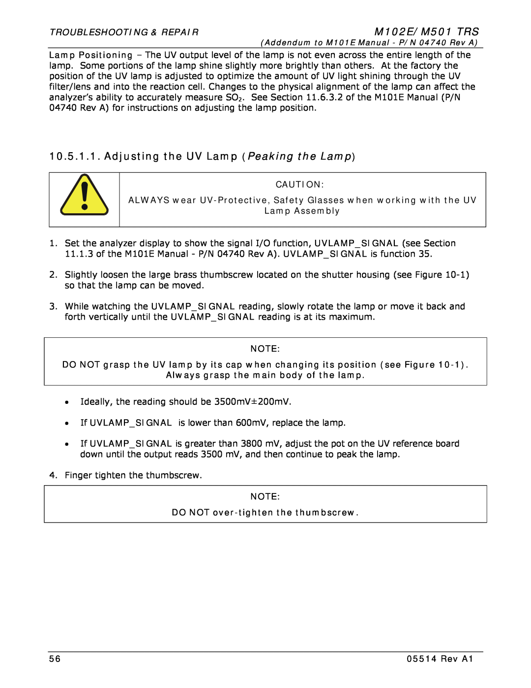 Teledyne manual Adjusting the UV Lamp Peaking the Lamp, M102E/M501 TRS, Troubleshooting & Repair, Lamp Assembly, Rev A1 