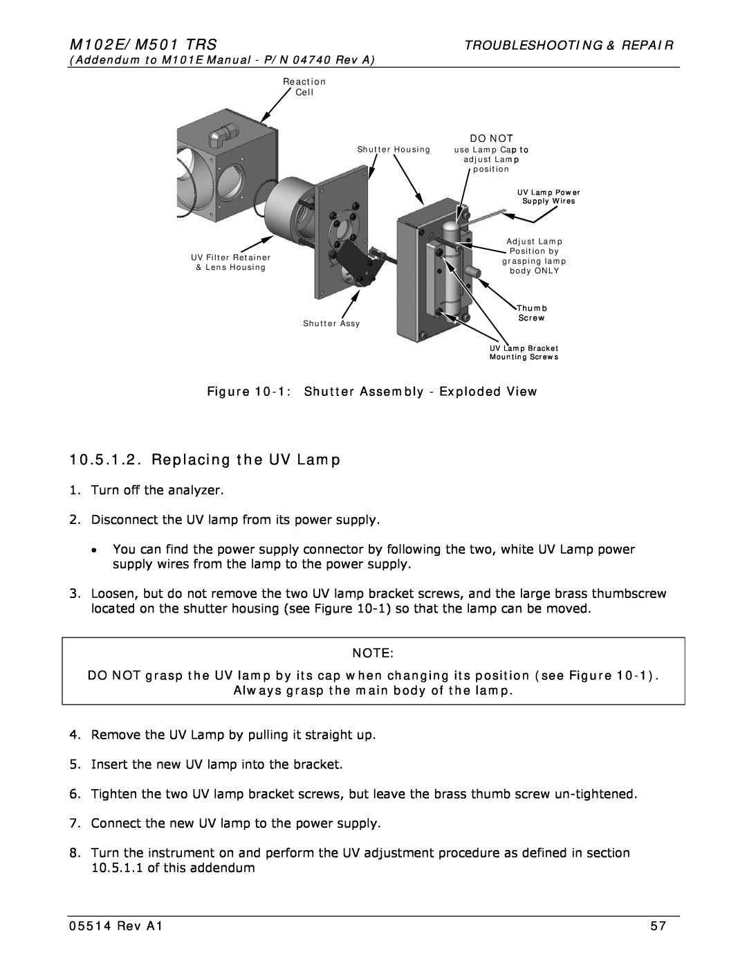 Teledyne Replacing the UV Lamp, M102E/M501 TRS, Troubleshooting & Repair, 1 Shutter Assembly - Exploded View, Rev A1 