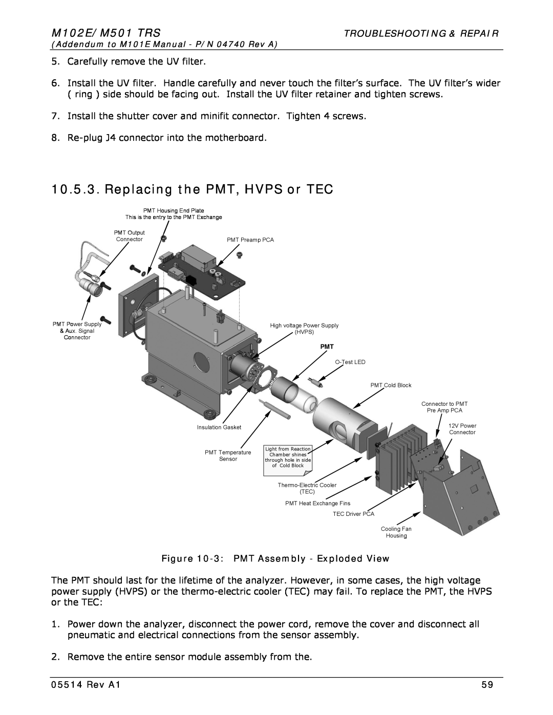 Teledyne manual Replacing the PMT, HVPS or TEC, M102E/M501 TRS, Troubleshooting & Repair, 3 PMT Assembly - Exploded View 