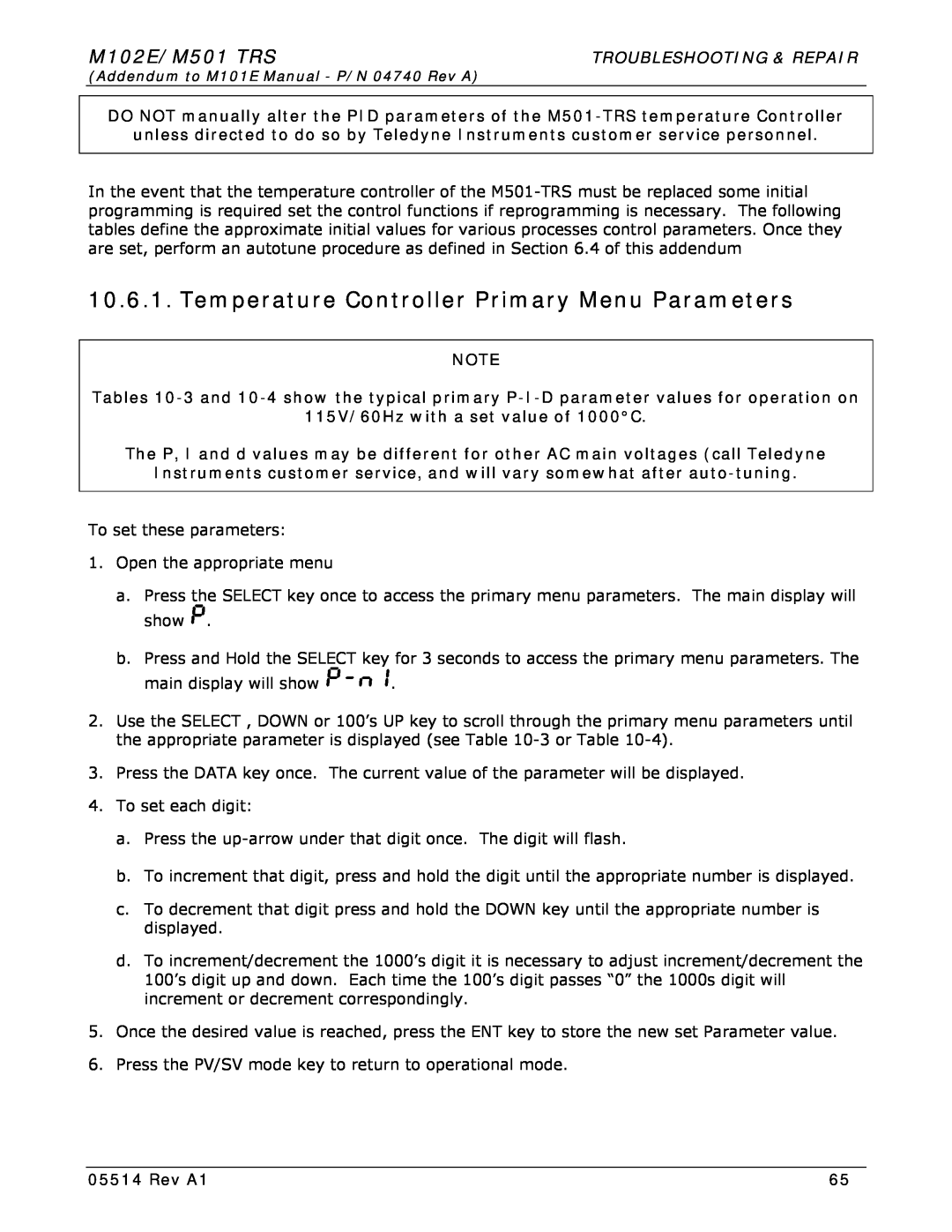 Teledyne manual Temperature Controller Primary Menu Parameters, M102E/M501 TRS, Troubleshooting & Repair, Rev A1 