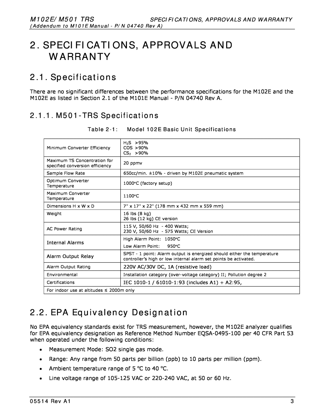 Teledyne 102E Specifications, Approvals And Warranty, EPA Equivalency Designation, 2.1.1. M501-TRS Specifications, Rev A1 