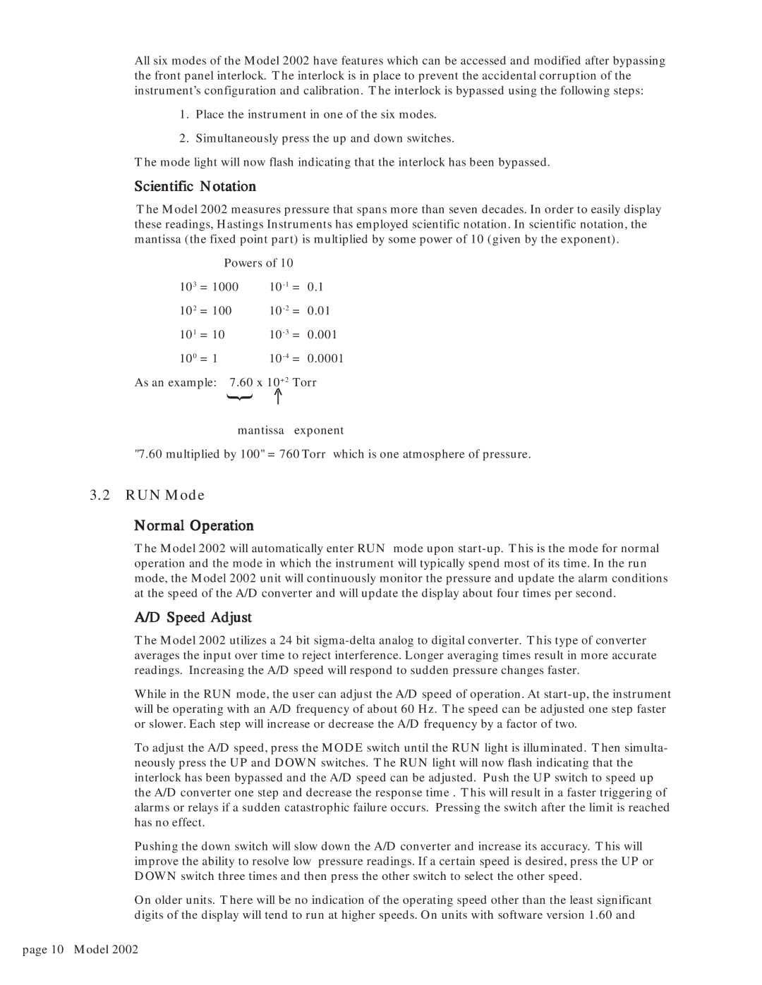 Teledyne 2002 instruction manual Scientific Notation, RUN Mode Normal Operation, Speed Adjust 