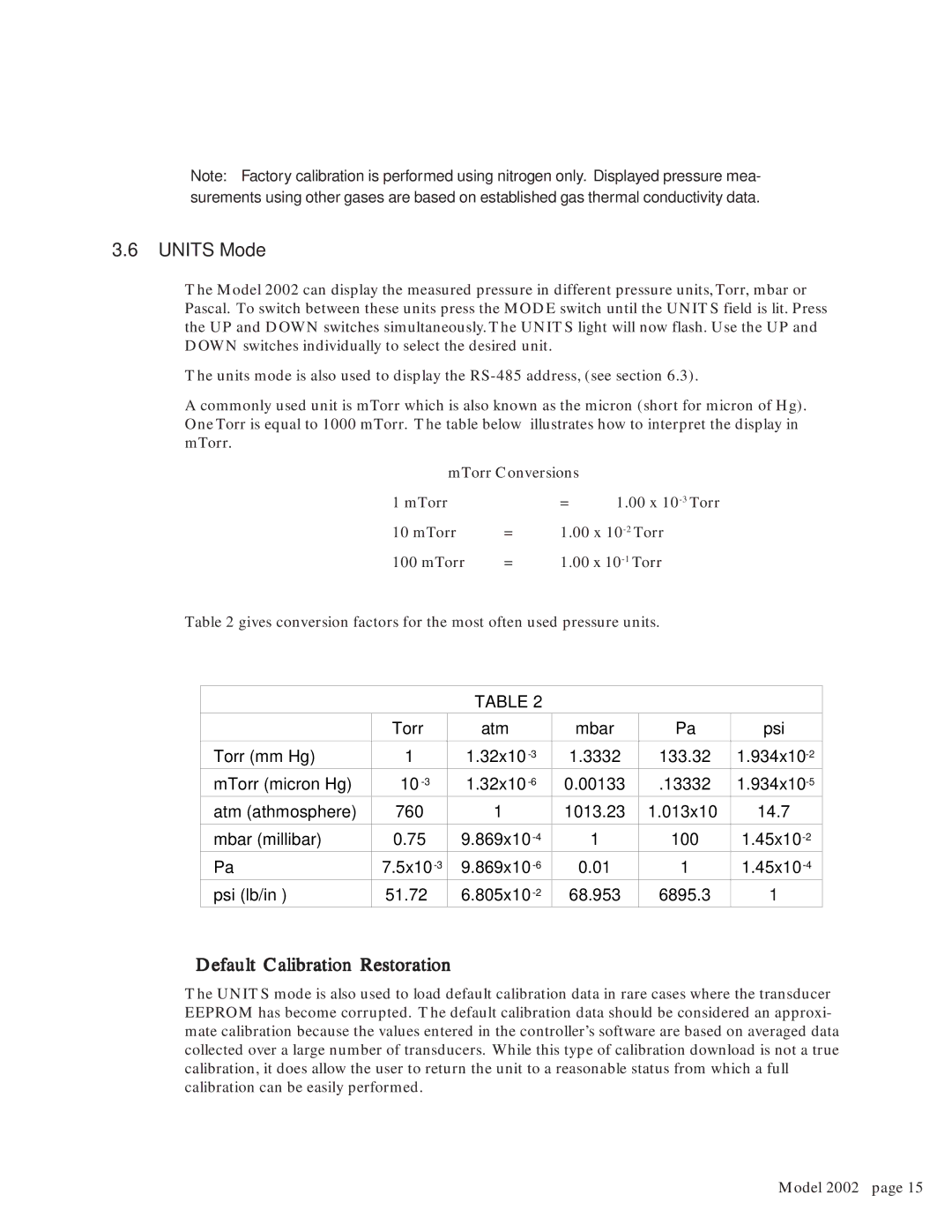 Teledyne 2002 instruction manual Units Mode, Default Calibration Restoration 