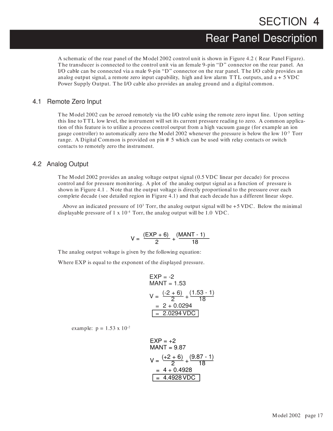 Teledyne 2002 instruction manual Rear Panel Description, Remote Zero Input, Analog Output 