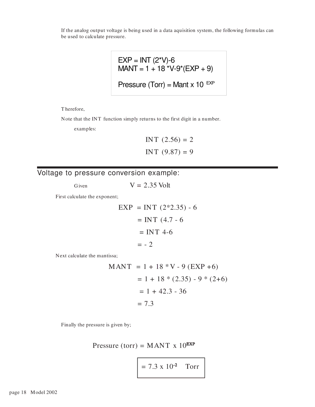 Teledyne 2002 instruction manual Voltage to pressure conversion example 