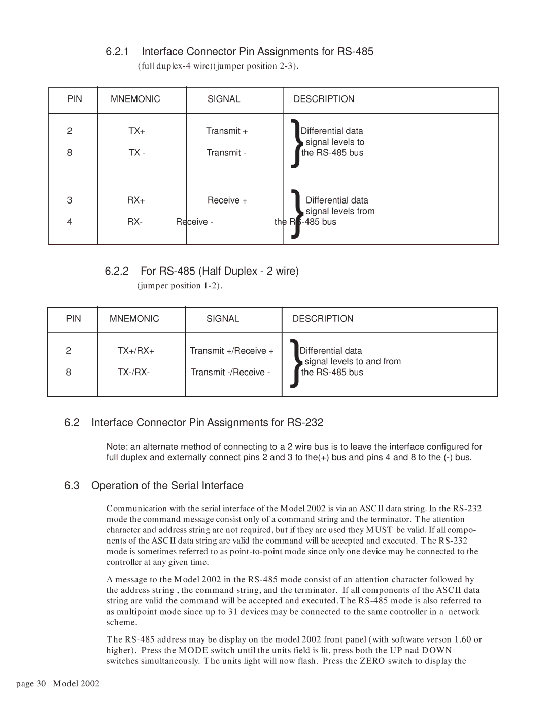 Teledyne 2002 instruction manual Interface Connector Pin Assignments for RS-485, For RS-485 Half Duplex 2 wire 