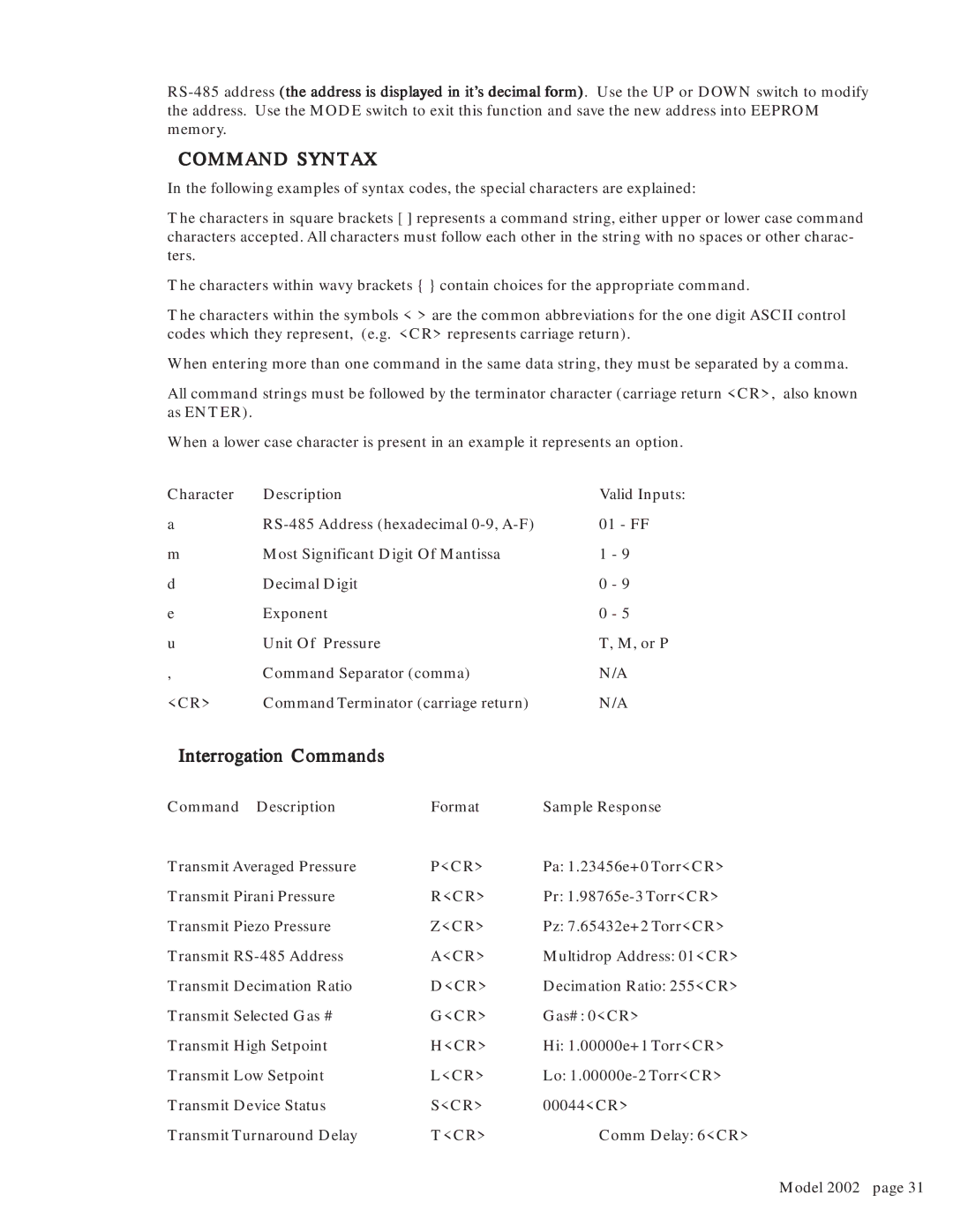 Teledyne 2002 instruction manual Command Syntax, Interrogation Commands 