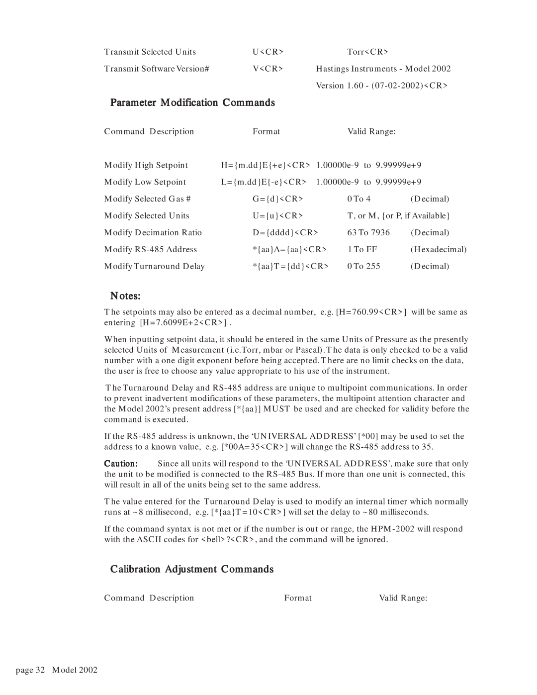 Teledyne 2002 instruction manual Parameter Modification Commands, Calibration Adjustment Commands 