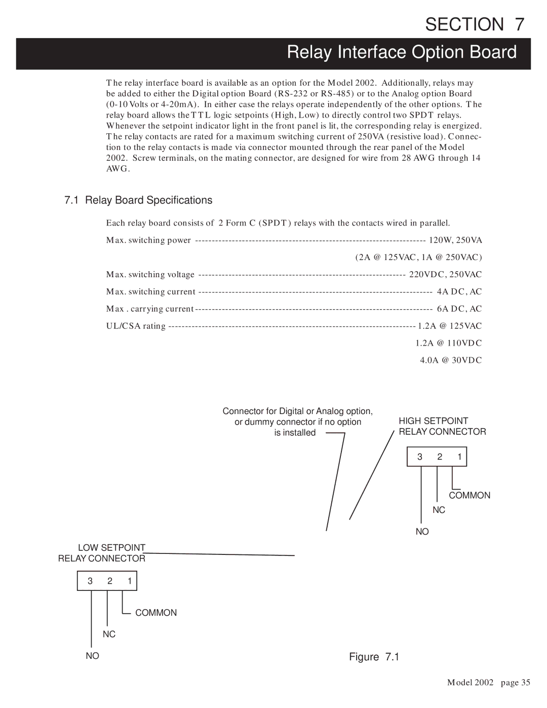 Teledyne 2002 instruction manual Relay Interface Option Board, Relay Board Specifications 