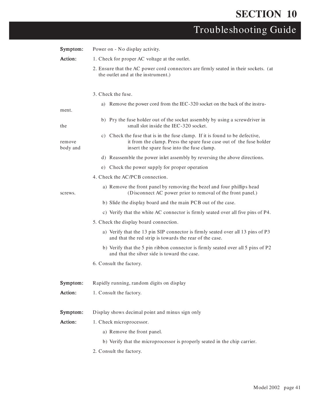 Teledyne 2002 instruction manual Troubleshooting Guide 