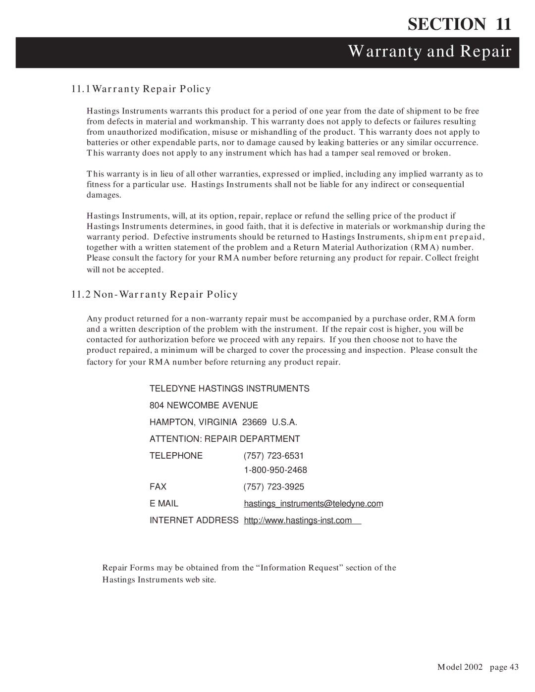 Teledyne 2002 instruction manual Warranty and Repair, Non-Warranty Repair Policy 