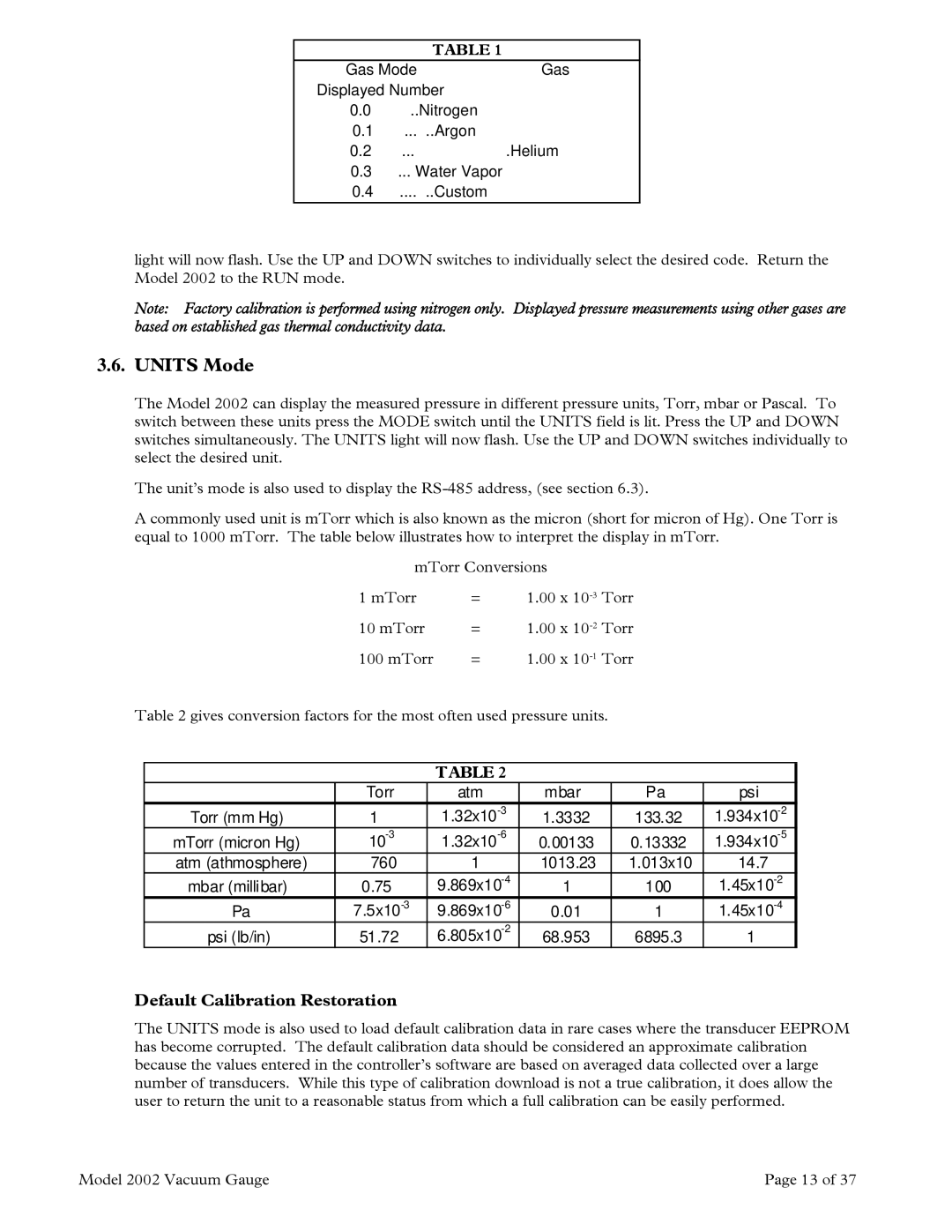 Teledyne 2002 instruction manual Units Mode, Default Calibration Restoration 