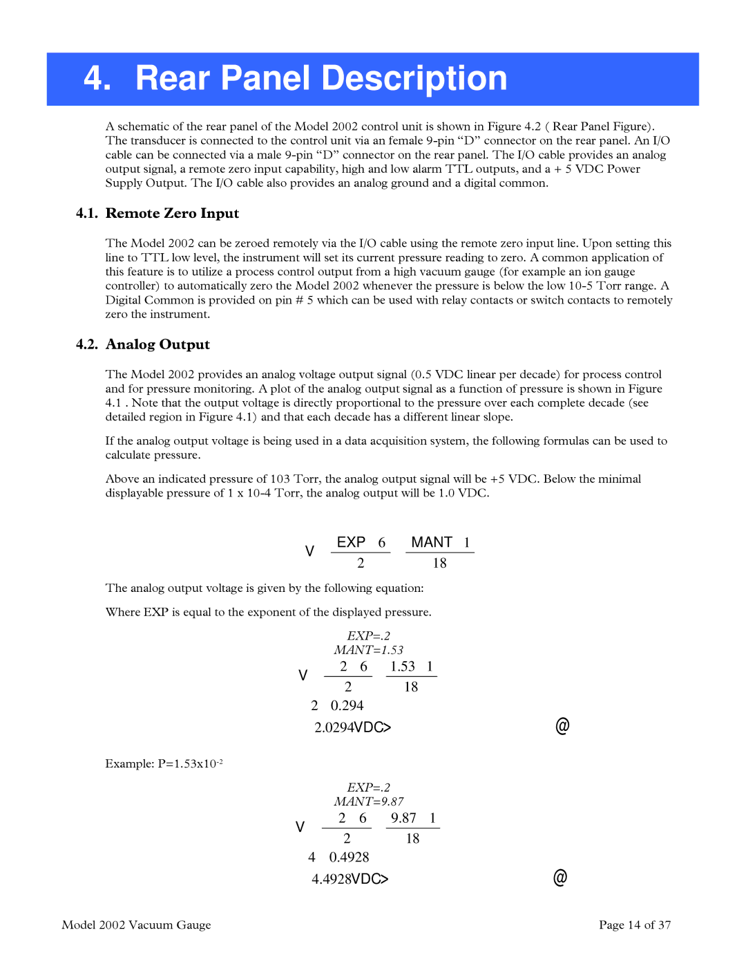 Teledyne 2002 instruction manual Rear Panel Description, Remote Zero Input, Analog Output 