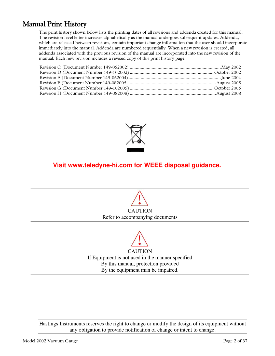 Teledyne 2002 instruction manual Manual Print History 