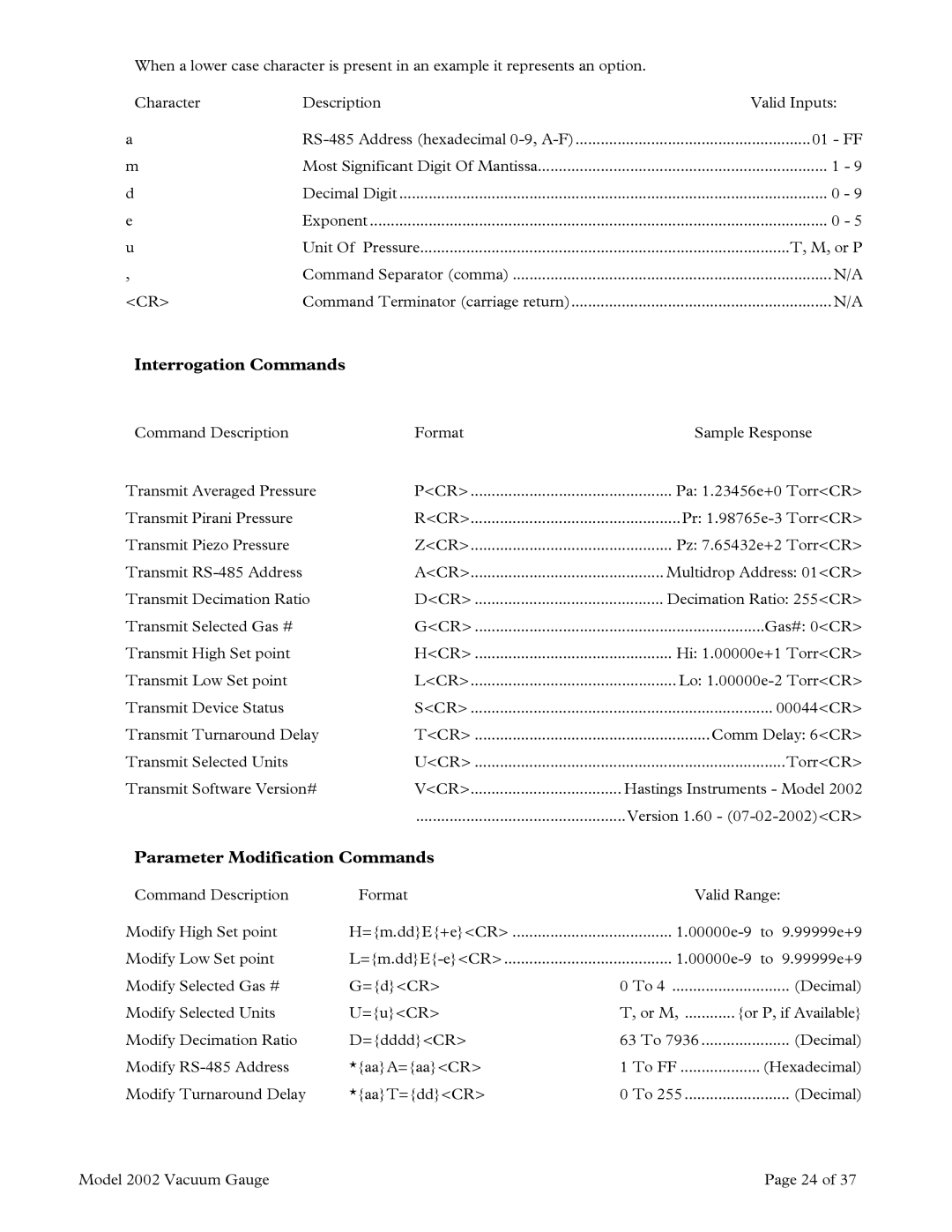 Teledyne 2002 instruction manual Interrogation Commands, Parameter Modification Commands 