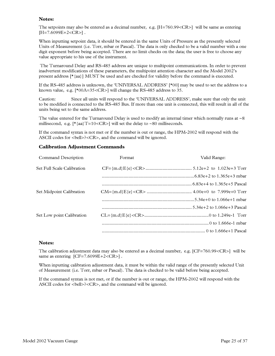 Teledyne 2002 instruction manual Calibration Adjustment Commands 