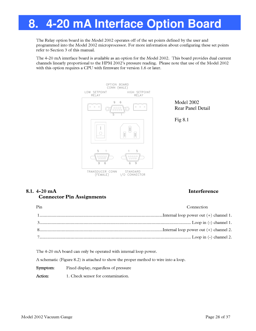 Teledyne 2002 instruction manual MA Interface Option Board, mA Interference Connector Pin Assignments 