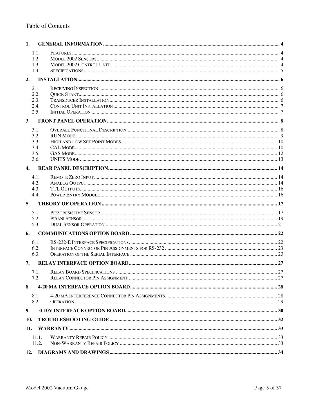 Teledyne 2002 instruction manual Table of Contents 