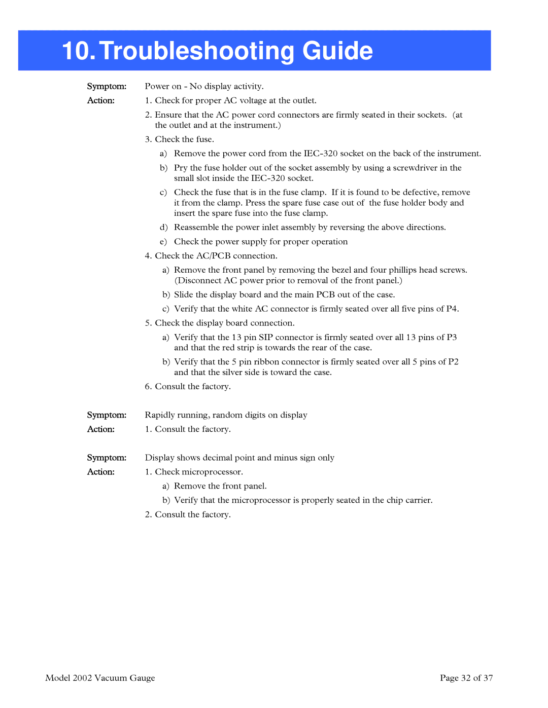 Teledyne 2002 instruction manual Troubleshooting Guide 