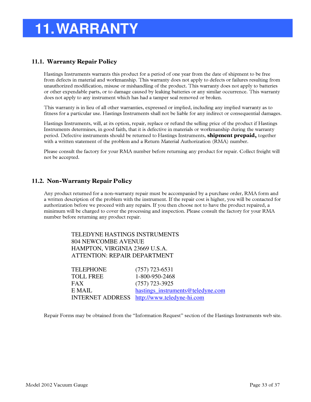 Teledyne 2002 instruction manual Non-Warranty Repair Policy 