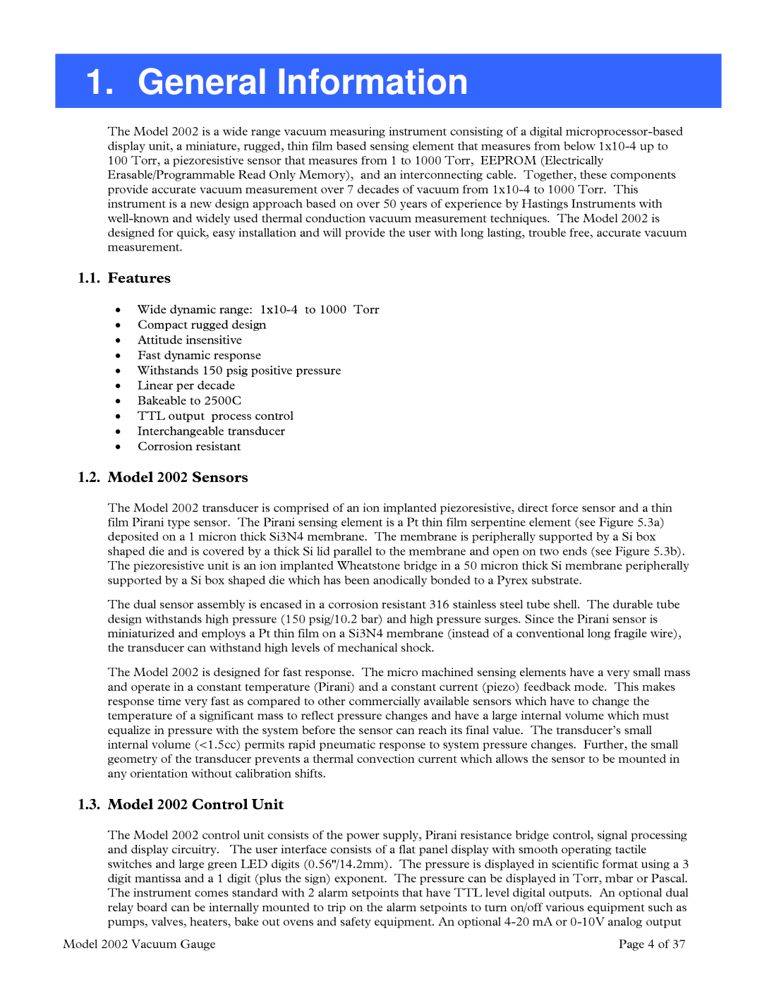 Teledyne instruction manual General Information, Features, Model 2002 Sensors, Model 2002 Control Unit 