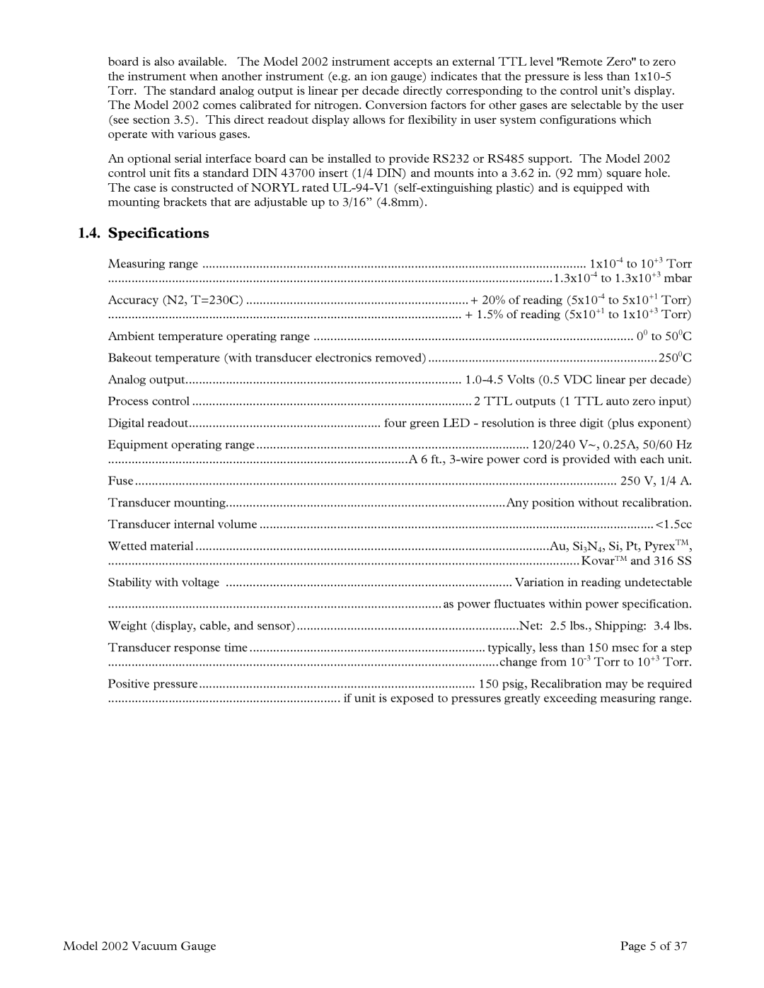 Teledyne 2002 instruction manual Specifications 