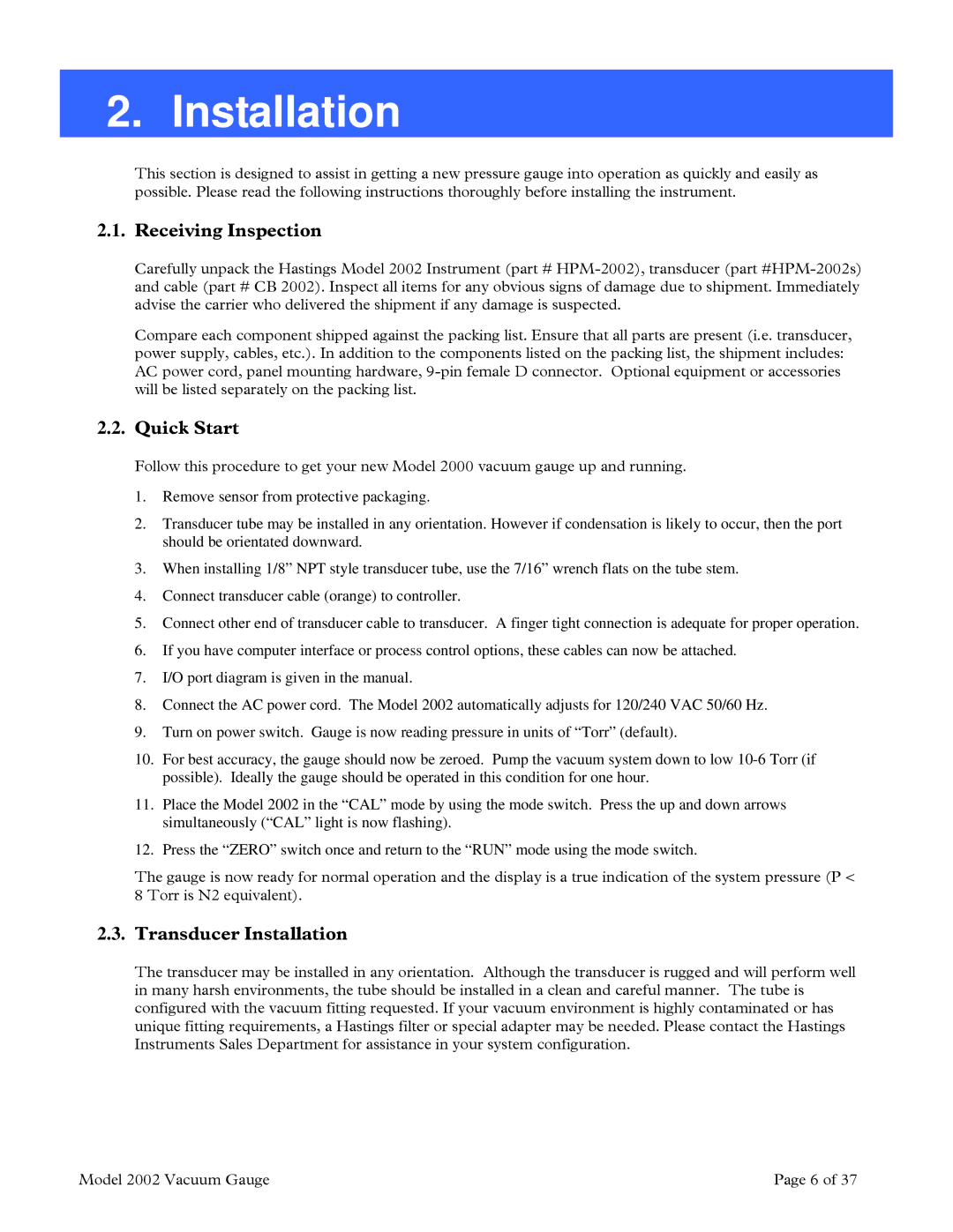 Teledyne 2002 instruction manual Receiving Inspection, Quick Start, Transducer Installation 