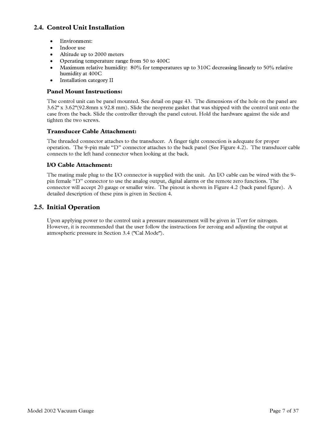 Teledyne 2002 Control Unit Installation, Initial Operation, Panel Mount Instructions, Transducer Cable Attachment 