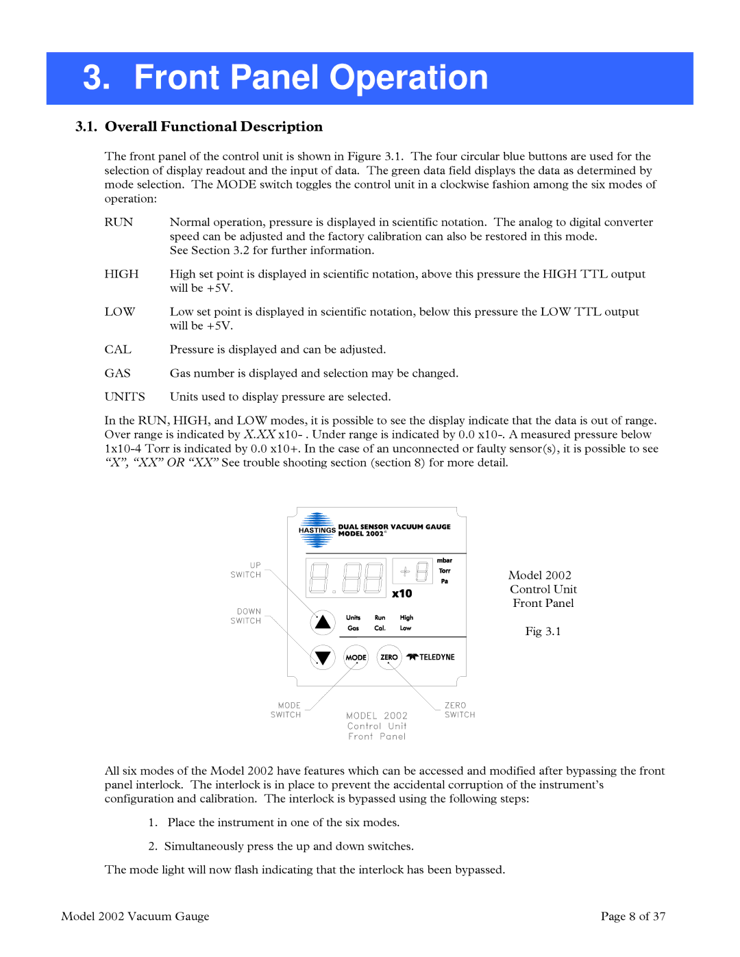 Teledyne 2002 instruction manual Front Panel Operation, Overall Functional Description 