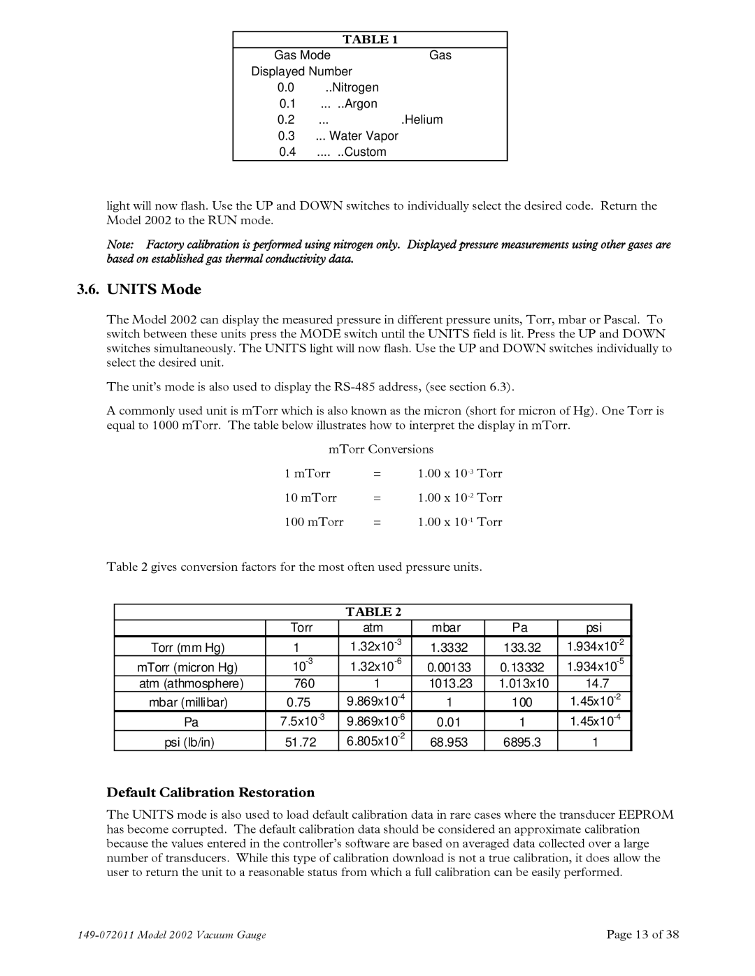 Teledyne 2002 instruction manual Units Mode, Default Calibration Restoration 