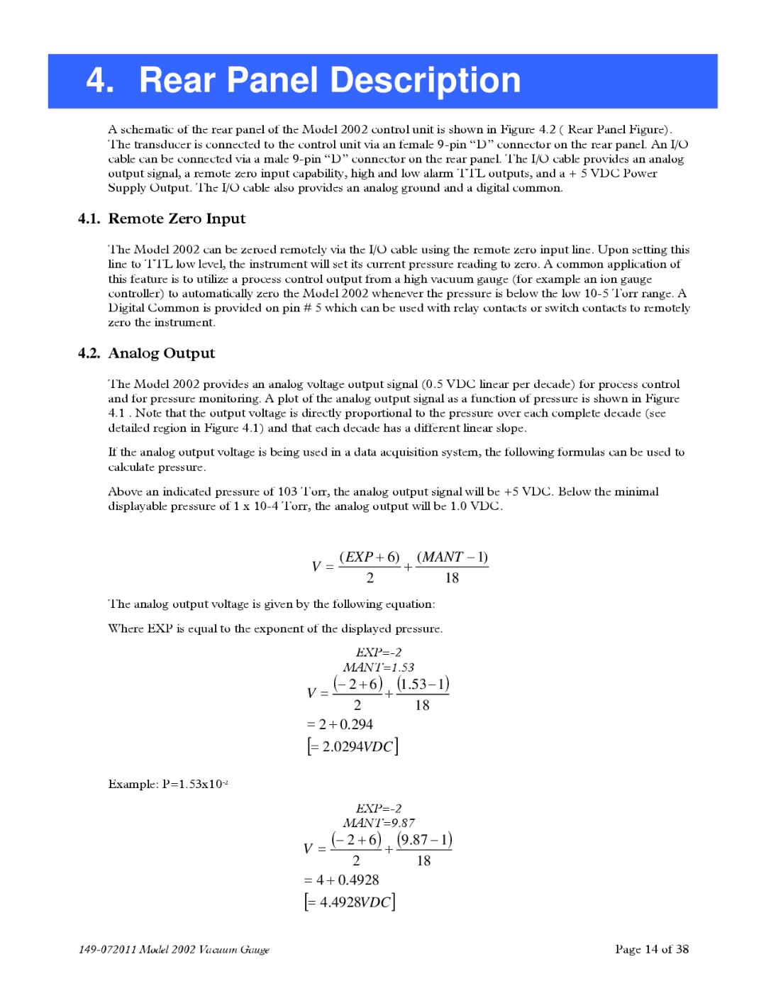 Teledyne 2002 instruction manual Rear Panel Description, Remote Zero Input, Analog Output 