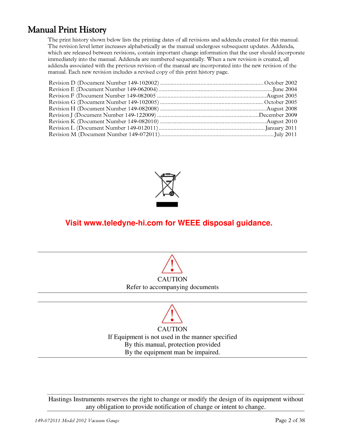 Teledyne 2002 instruction manual Manual Print History 