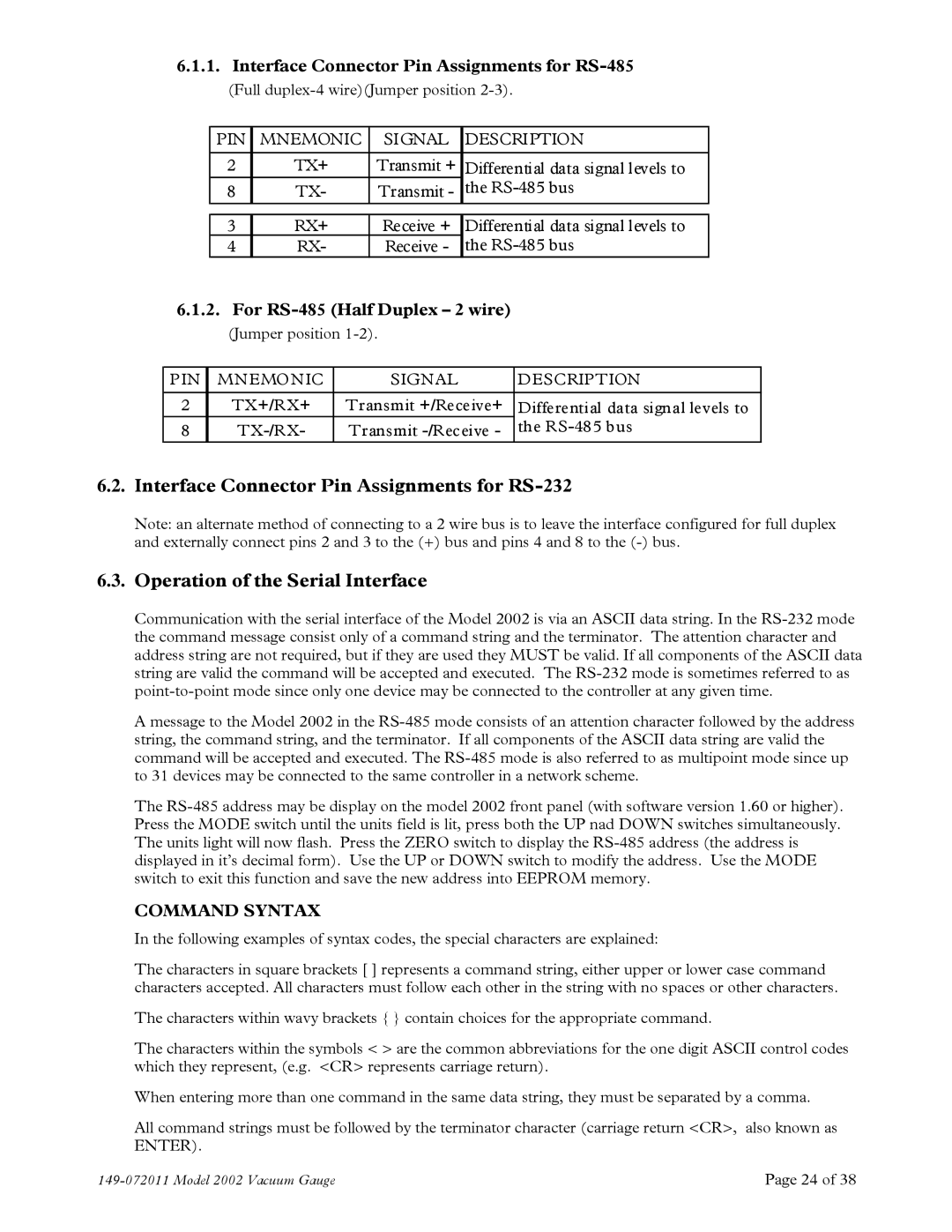 Teledyne 2002 instruction manual Interface Connector Pin Assignments for RS-485, For RS-485 Half Duplex 2 wire 