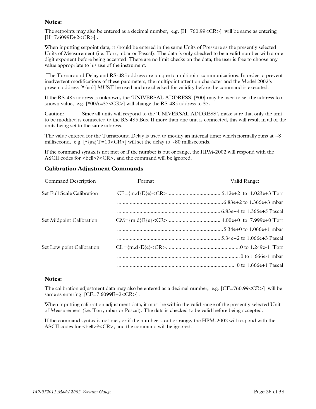 Teledyne 2002 instruction manual Calibration Adjustment Commands 