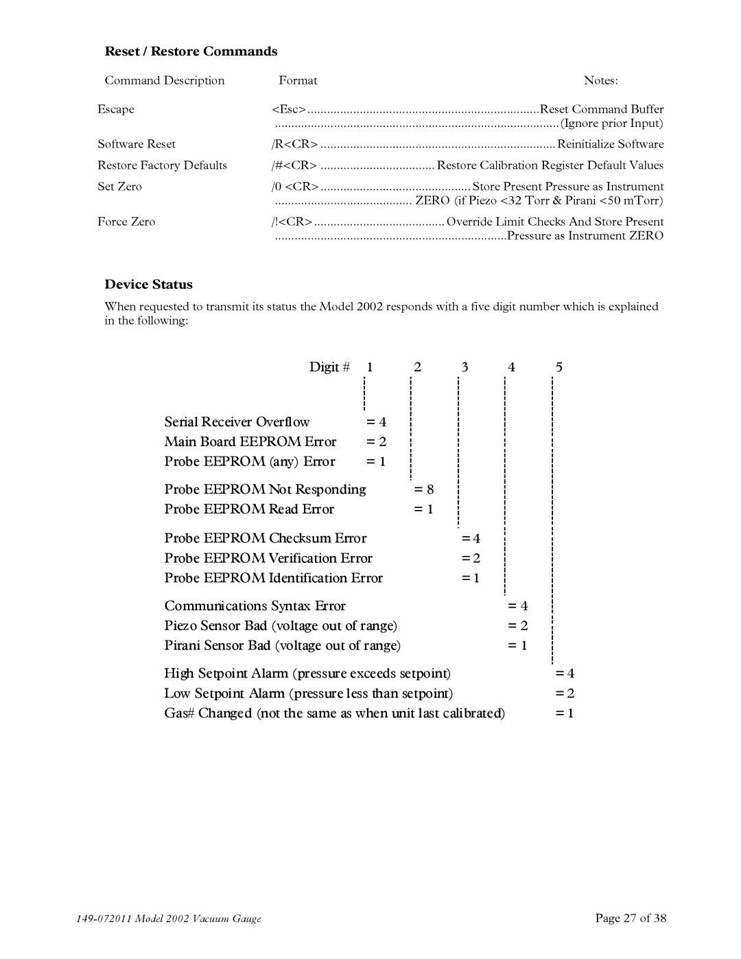 Teledyne 2002 instruction manual Reset / Restore Commands, Device Status 