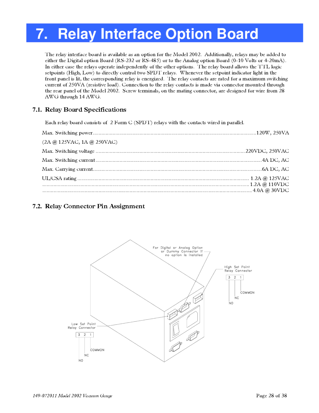 Teledyne 2002 instruction manual Relay Interface Option Board, Relay Board Specifications, Relay Connector Pin Assignment 