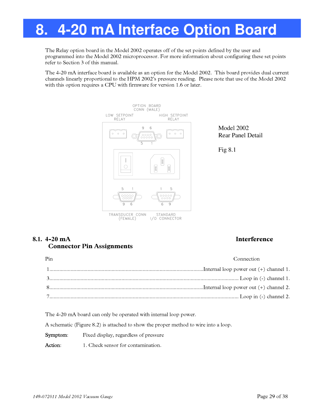 Teledyne 2002 instruction manual MA Interface Option Board, mA Interference Connector Pin Assignments 