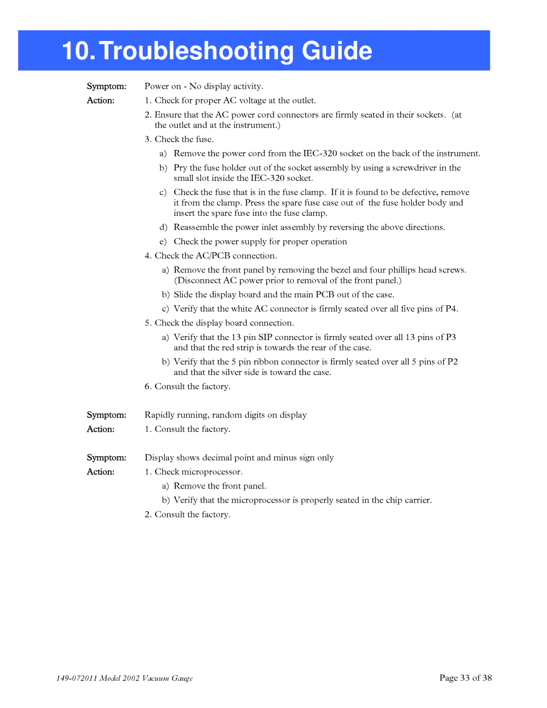 Teledyne 2002 instruction manual Troubleshooting Guide 